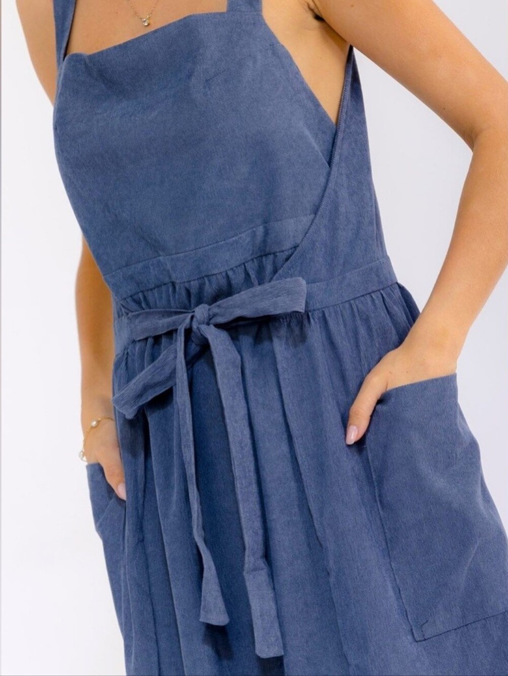 Sleeveless Front Pokets Blue Self Tie-Waist Wrap Maxi dress Sz S - Picture 2 of 3